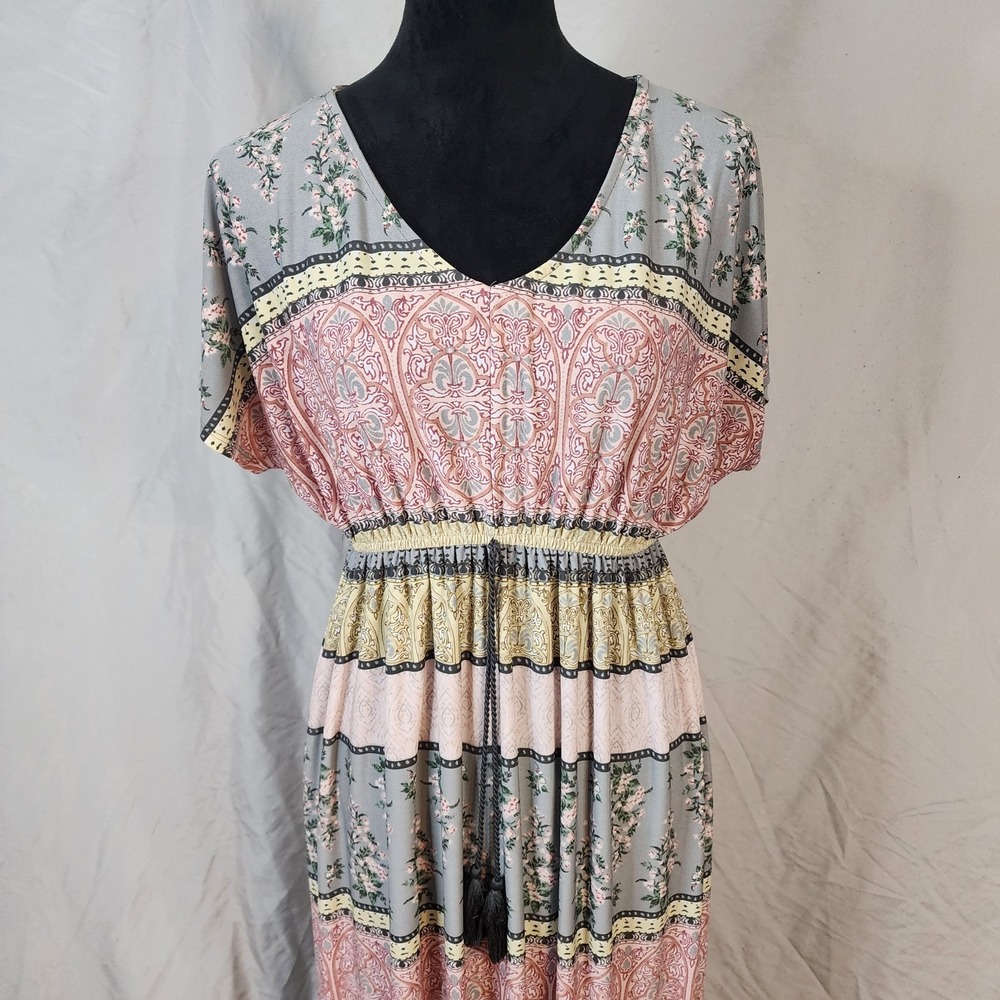 STYLE & CO Size Large Multicolor Boho Chic Dolman Sleeve V-neck Maxi Dress EUC - Picture 2 of 7